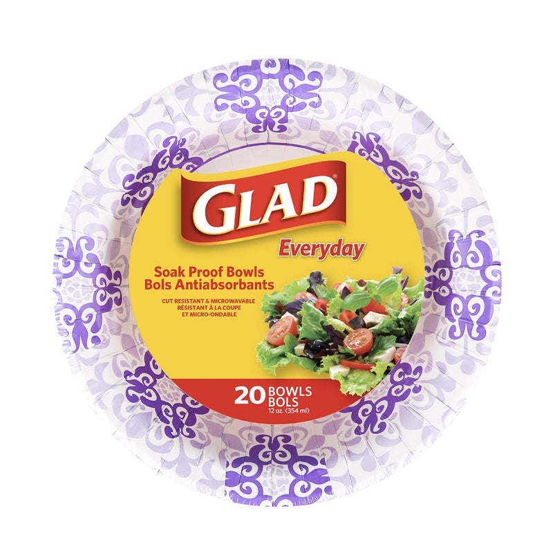 Glad Round Disposable Paper Bowls, Purple Victorian Design - Heavy Duty, Soak Proof, Cut-Resistant, Microwavable Bowl for All Foods & Daily Use, 12 Oz, 20 Count - Image 1